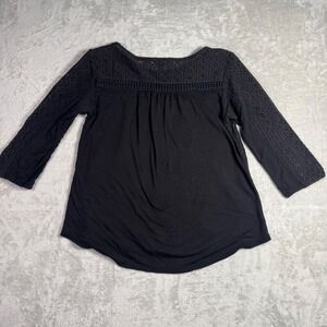 Lucky Brand Womens Black Crochet Lace Overlay 3/4 Sleeve Boho Top‎ Size M
